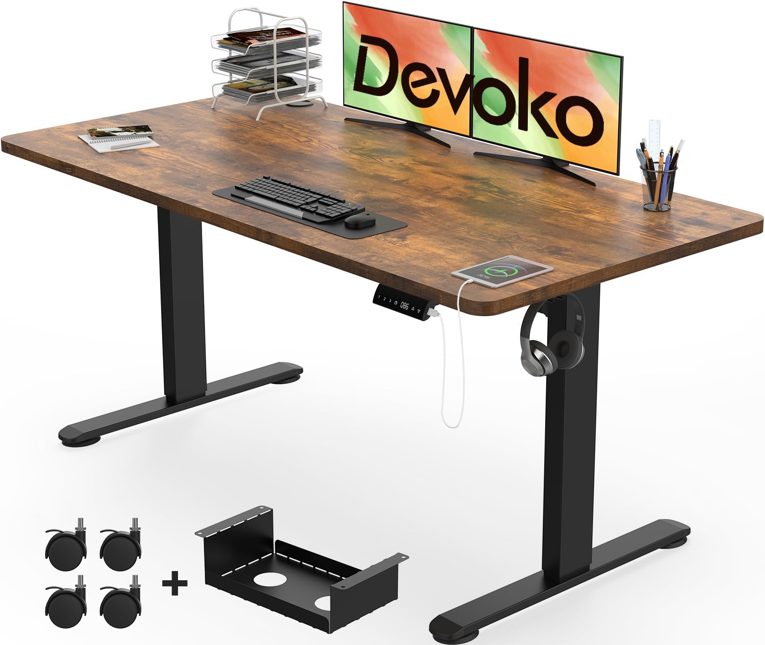 Devoko (デヴォコ) 電動スタンディングデスク 140x70cm USB充電付き 高さ調節可能なデスク デスクトップシットスタンドアップデスク 高耐久 スチール 3メモリ スマートパネル (ラスティックブラウン)