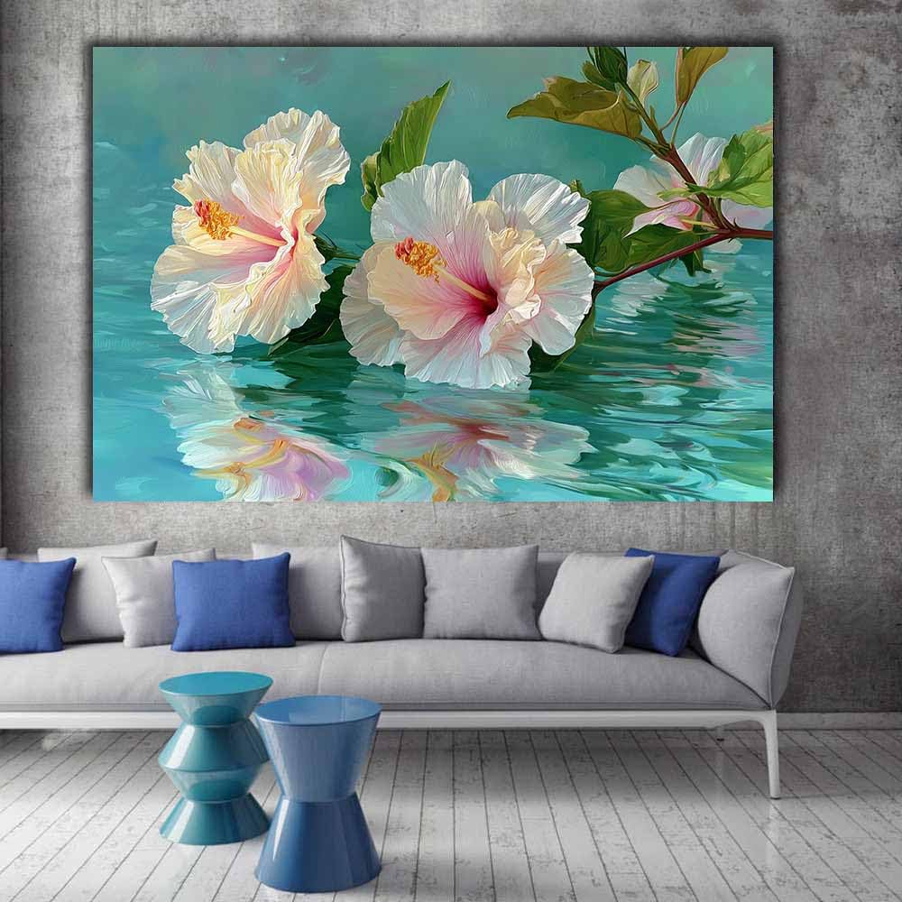 CUDAOO Semplice arte botanica Stampe su Canvas Ibisco rosa-bianco per Camera da Letto Agriturismo Soggiorno Bagno(Menta verde)-60x90cm Incorniciato