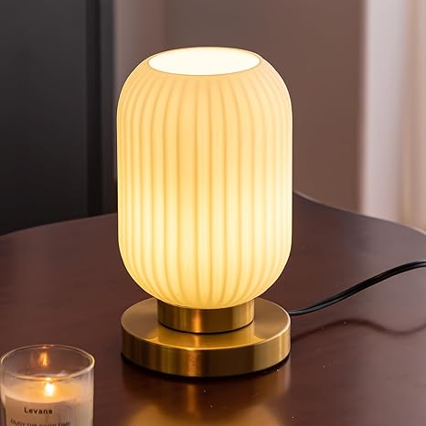 HSMKL Modern Ribbed Glass Table Lamps Mid Century Bedside Light Small Nightstand Lamp with Plug-in Style, E26 Ambient Lighting for Bedroom Living Room Tabletop, Milky White