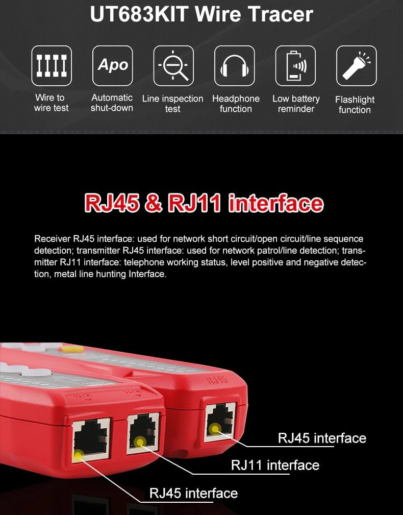 UNI-T Uni-trend Cable and network tester UT683KIT Lan Tester Network Wire Tracer Cable Tracker RJ45 RJ11 Telephone Line Finder Repairing Networking Tool(UT683KIT)