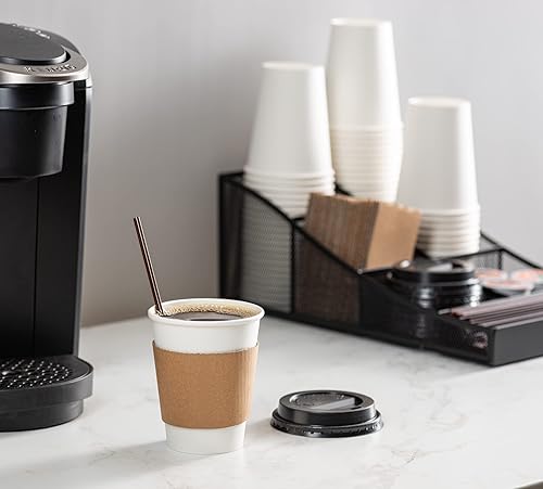 Miniatura 4 de Comfy Package Caja de 300 tazas calientes blancas combinadas de 12 onzas con tapas negras y fundas Kraft