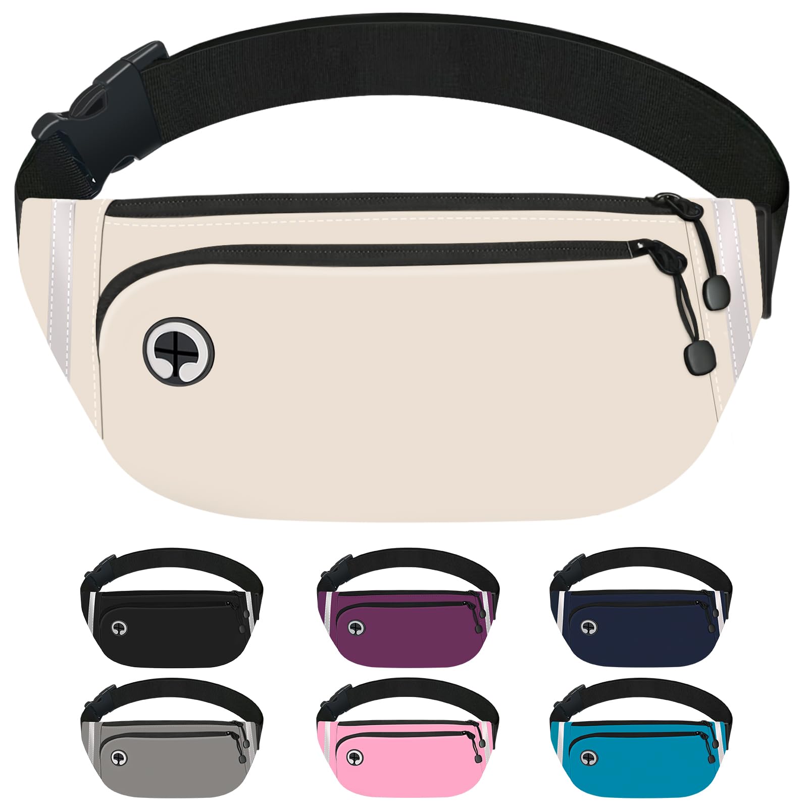 TORRYZA Fanny Packs for Women Men, Waterproof Waist Pack with Reflective Strip, Lightweight Slim Belt Bag with No-Bounce Adjustable Strap Travel Running Hiking Walking Sport(Beige)