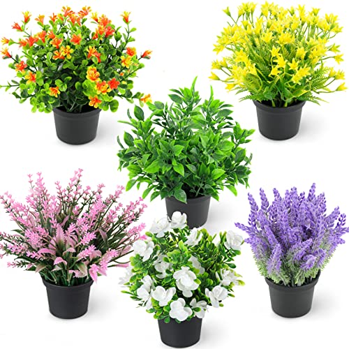 Riddsee Artificial Potted Plants-Set Of 6 Home Decor Indoor Small Faux Plants Flowers In Black Pot Fake Lavender Plastic Flowers For Office Desk Outdoor Decoration - 7 Inch #TOP28