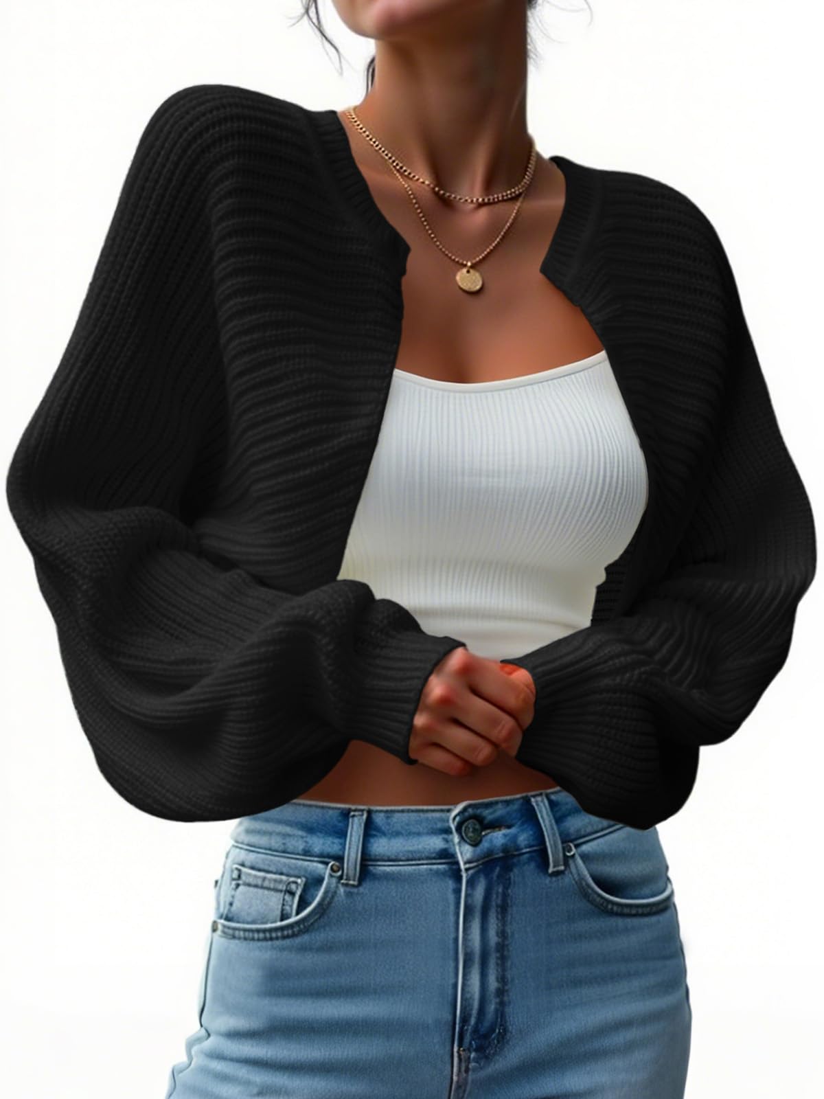 Yousify Womens Bolero Shrug Sweater Open Front Cropped Cardigans Knit Fall Trendy Casual Long Sleeve Y2K Tops
