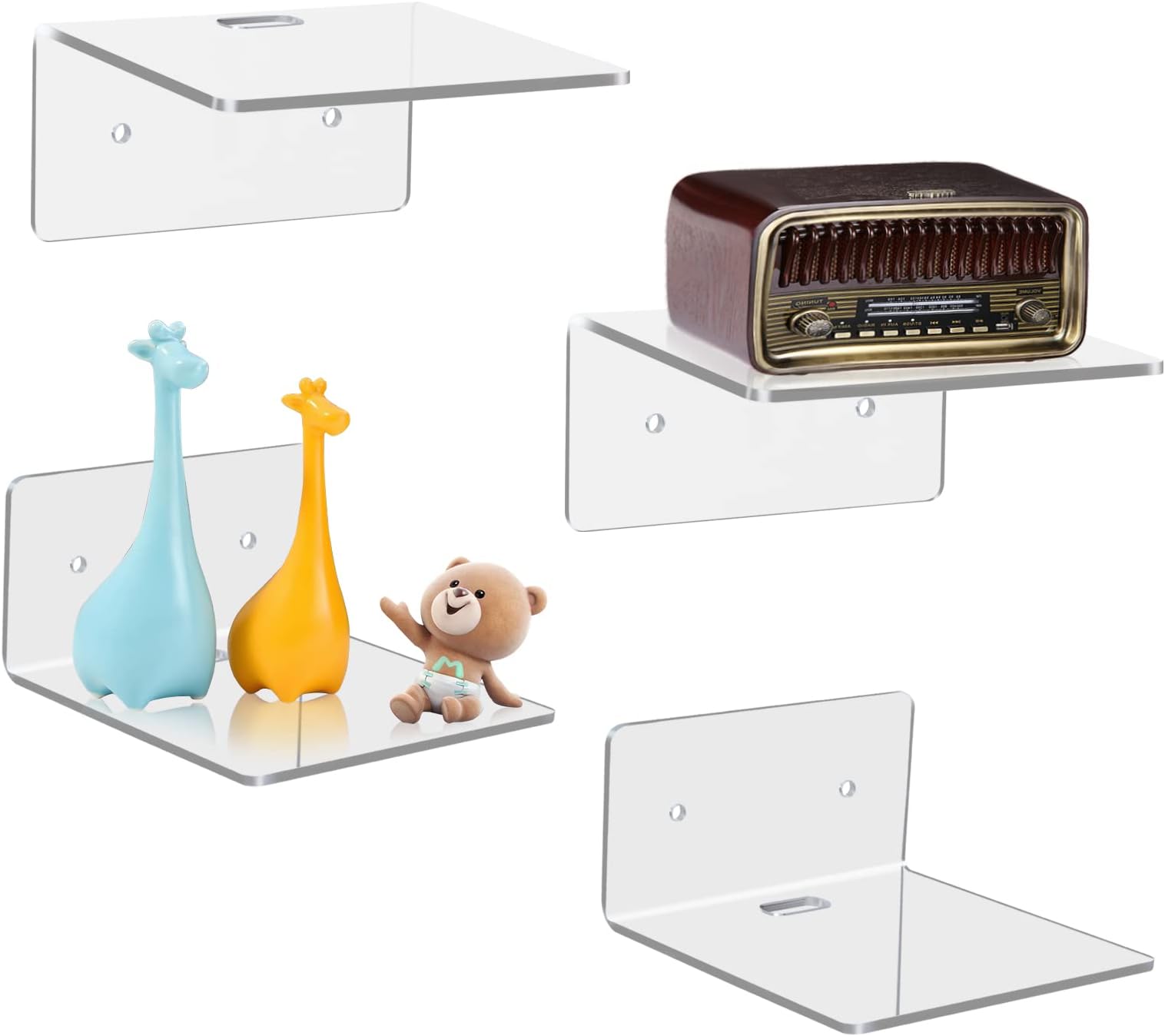 4 Pack Small Wall Shelf, 4'' Acrylic Wall Shelves Display Ledges for Storage & Decoration, Small Floating Shelf for Wall with 2 Types of Installation (Adhesive or Screw)