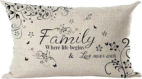 Ramirar Word Art Family Where Life Begins & Love Never Ends - Funda de almohada lumbar decorativa con diseño de mariposas y flores, para el hogar,