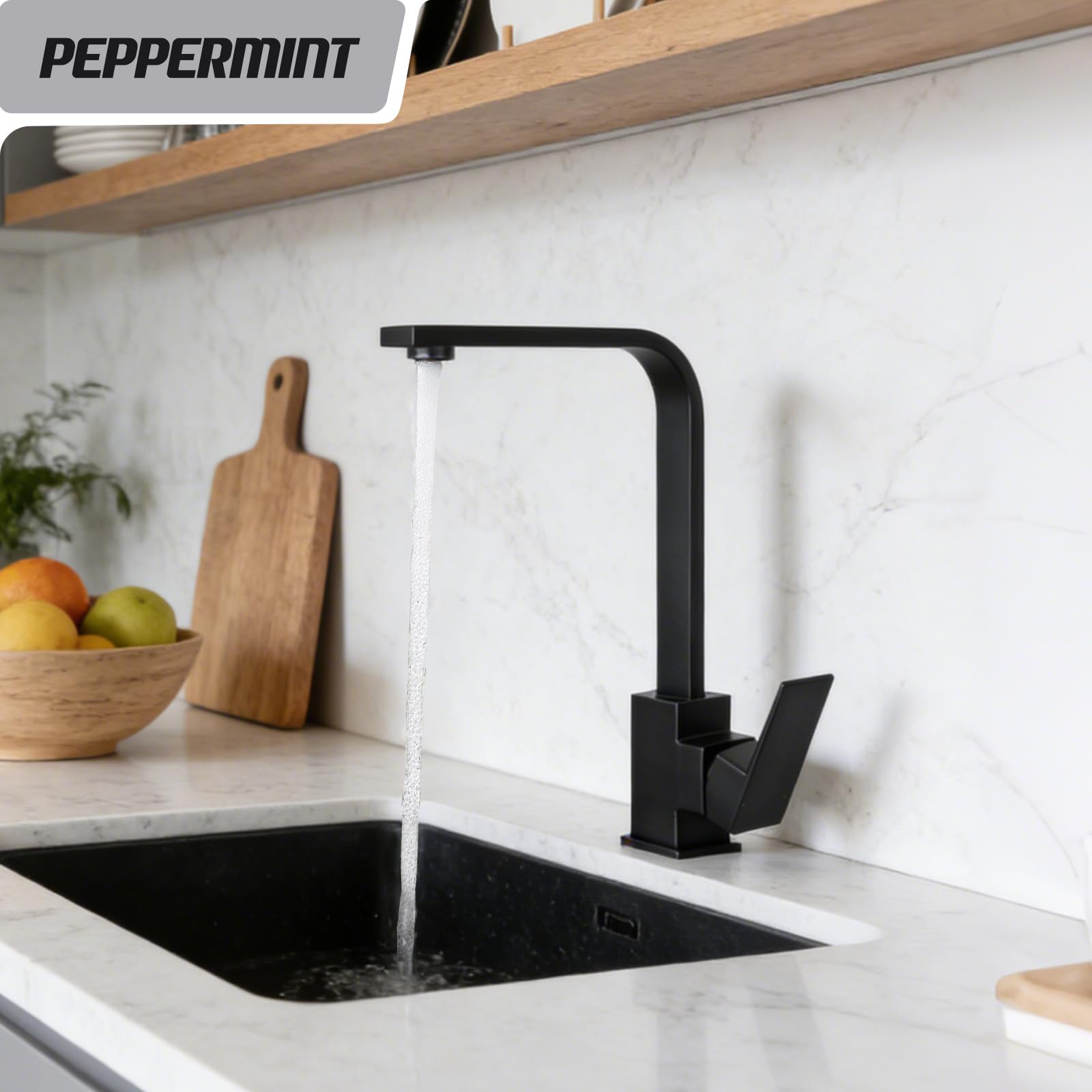 Peppermint Grifo de cocina cuadrado negro monobloque negro mate para grifos mezcladores de cocina, 1 agujero, grifo mezclador de fregadero de una sola palanca, grifo plano moderno para debajo de