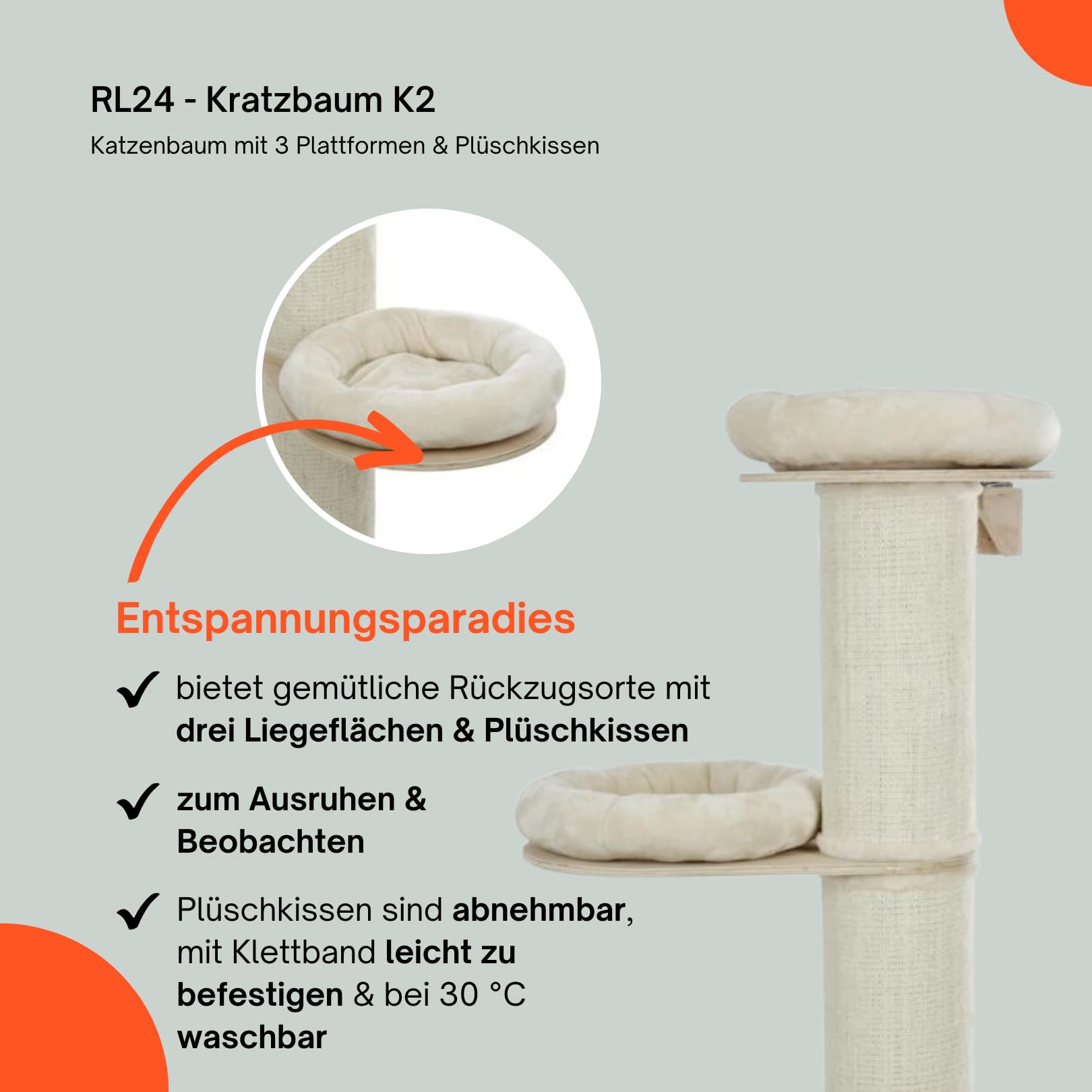 RL24 - Kratzbaum K2 – Katzenmöbel – Beige – Höhe 187cm | Katzenbaum mit 3 Plattformen & Plüschkissen – Katzenkratzbaum mit Sisalteppich an der Kratzsäule – Kratzstamm ø 22cm