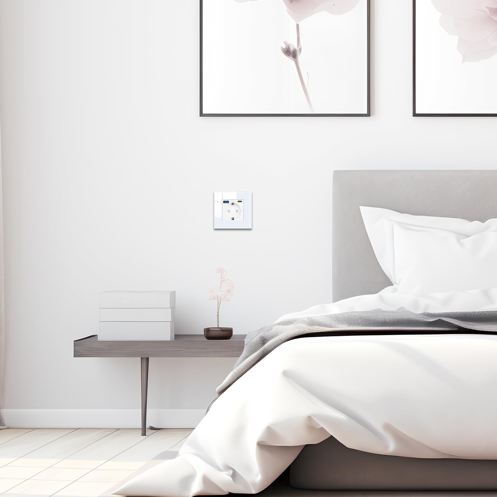 JIMEIDA Pack 4 bases con USB 20W cristal blanco de empotrar, 1 compartimento Bases de 16Amp con USB A y Tipo C, 86 * 86mm, 250V