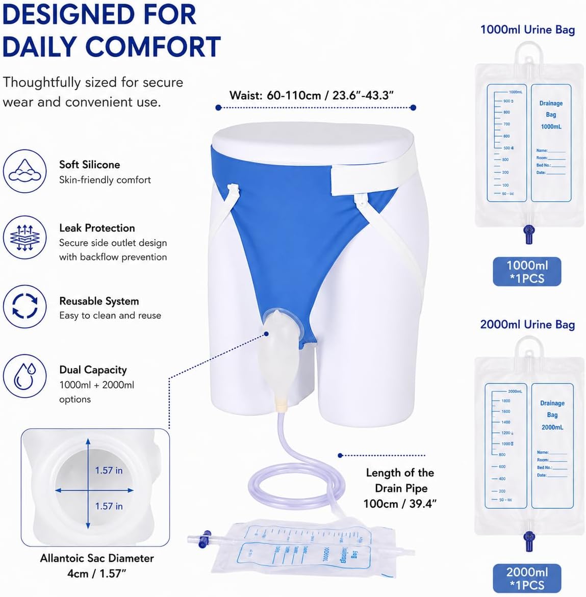 Urine Collection Bag - Reusable Condom Catheters with 1000ml & 2000ml Bags, Portable & Comfortable Wearable Urinary Drainage System (Men Blue)