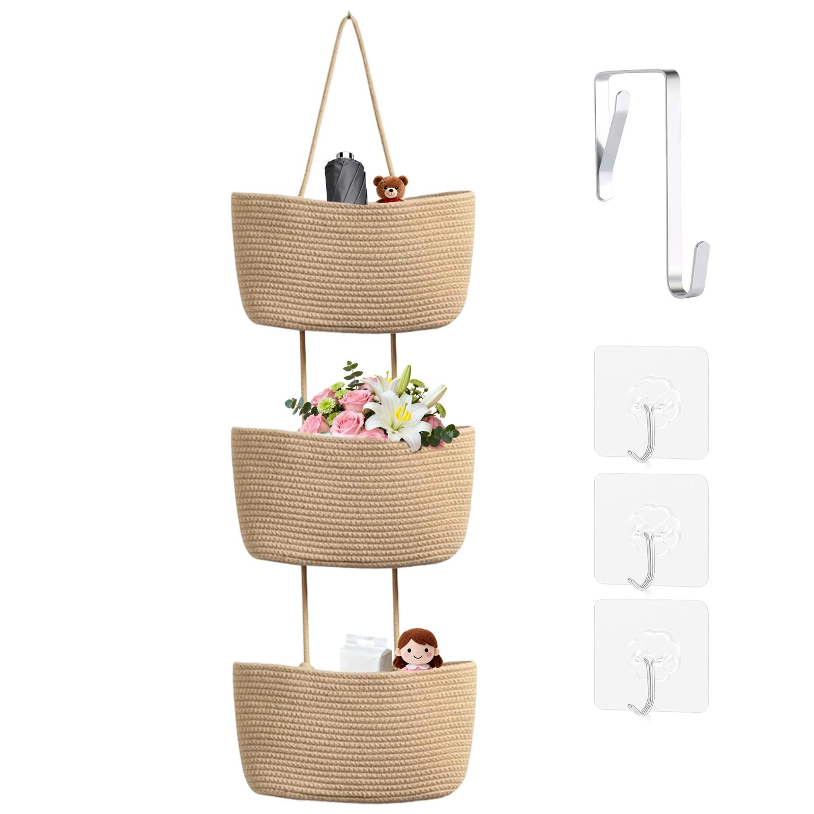 KEGOZ Wall Hanging Cotton Baskets, 3-Tier Woven Cotton Wall Basket,Woven Rope Over The Door Storage Wall Mount Hanging Cotton Baskets for Bedroom, Bathroom & Livingroom (Brown)