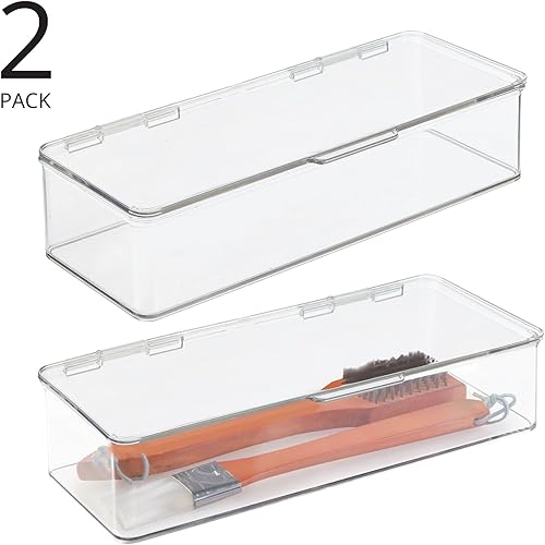 Miniatura 2 de mDesign Caja organizadora larga de plástico para despensanevera con tapa de bisagra para estantes o gabinetes, capacidad para alimentos, aperitivos,