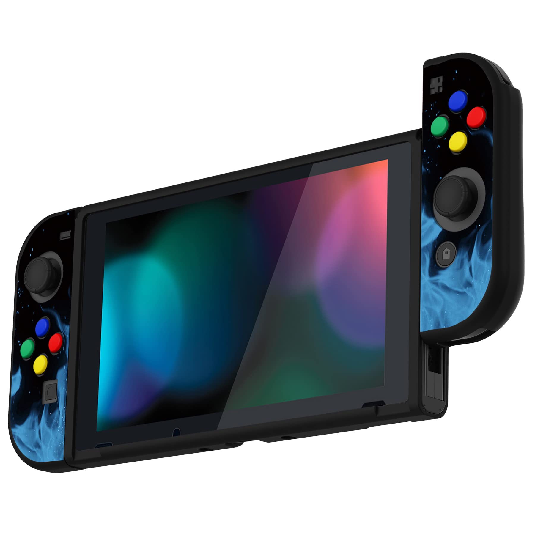 PlayVital Cover Protettiva Custodia per Nintendo Switch Copertura Morbida TPU Case per Joycon Console con Copri Tasti ABXY Direzionali Colorati-Fiamma Blu