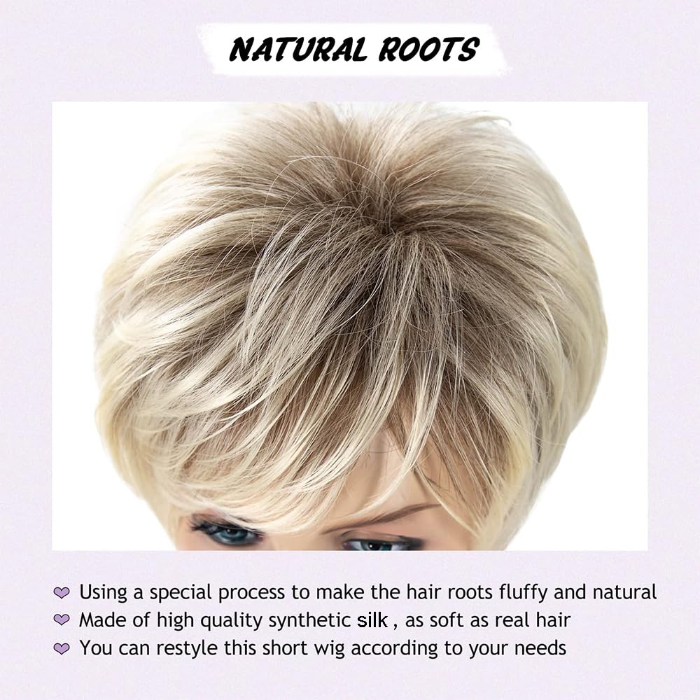 YuanYouTong Short Blonde Wigs for Women Pixie Cut Wig with Bangs Ladies Natural Layered Synthetic Hair Wig Blonde Mix White Wig for Daily Fancy Dress Accessory Costume Cosplay Halloween Party Use - Image 3