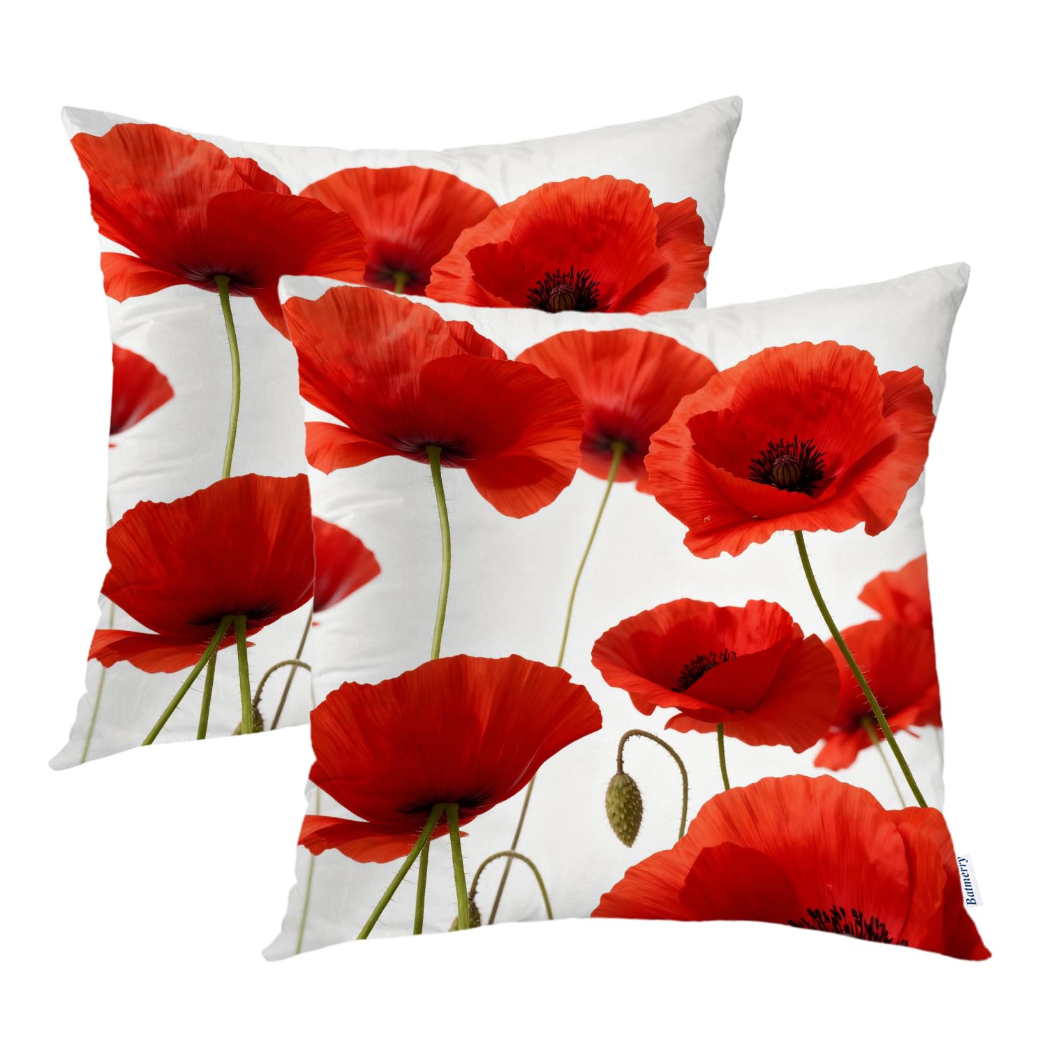 Batmerry Spring Poppy Flowers Decorative Pillow Covers, Red Crimson White Poppy Nature Beautiful Beauty Blossom Double Sided Throw Pillow Covers Sofa