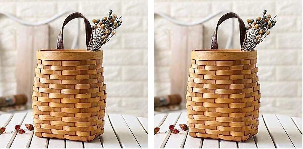 hanging wicker basket Hand-Woven Wood Storage Basket Portable Wall Hanging Flower Basket Organizer Fruit Vegetable Rattan Box Home Decoration Height 6.1in