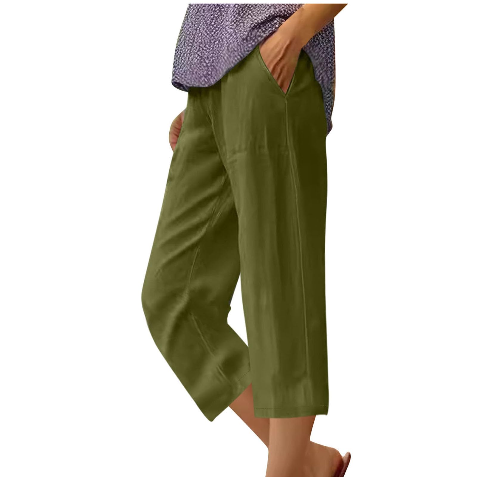 Women's Cotton Linen Capri Pants Loose Wide Leg Linen Trousers Breathable Running Joggers with Pockets Casual Cropped Pants for Daily Lounge & Walking