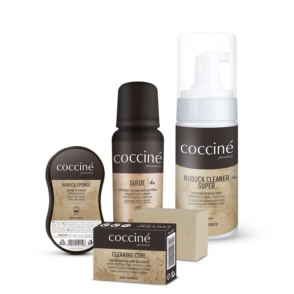 Cocciné - Kit d'entretien 4 en 1, Kit Nettoyage, Nettoyant Chaussure, pour Chaussures en Daim, Nubuck et Membranes TEX, Utilisation Confortable, Mini éponge de Nettoyage