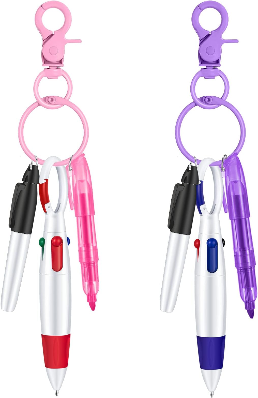 Sabary Mini Highlighter Nurse Pen Pack Set Nurse Pens for Badge Include Pink and Purple Tip Highlighter 2 Permanent Marker and 2 Retractable Ball with 2 Keychain Clip(Pink, Purple)