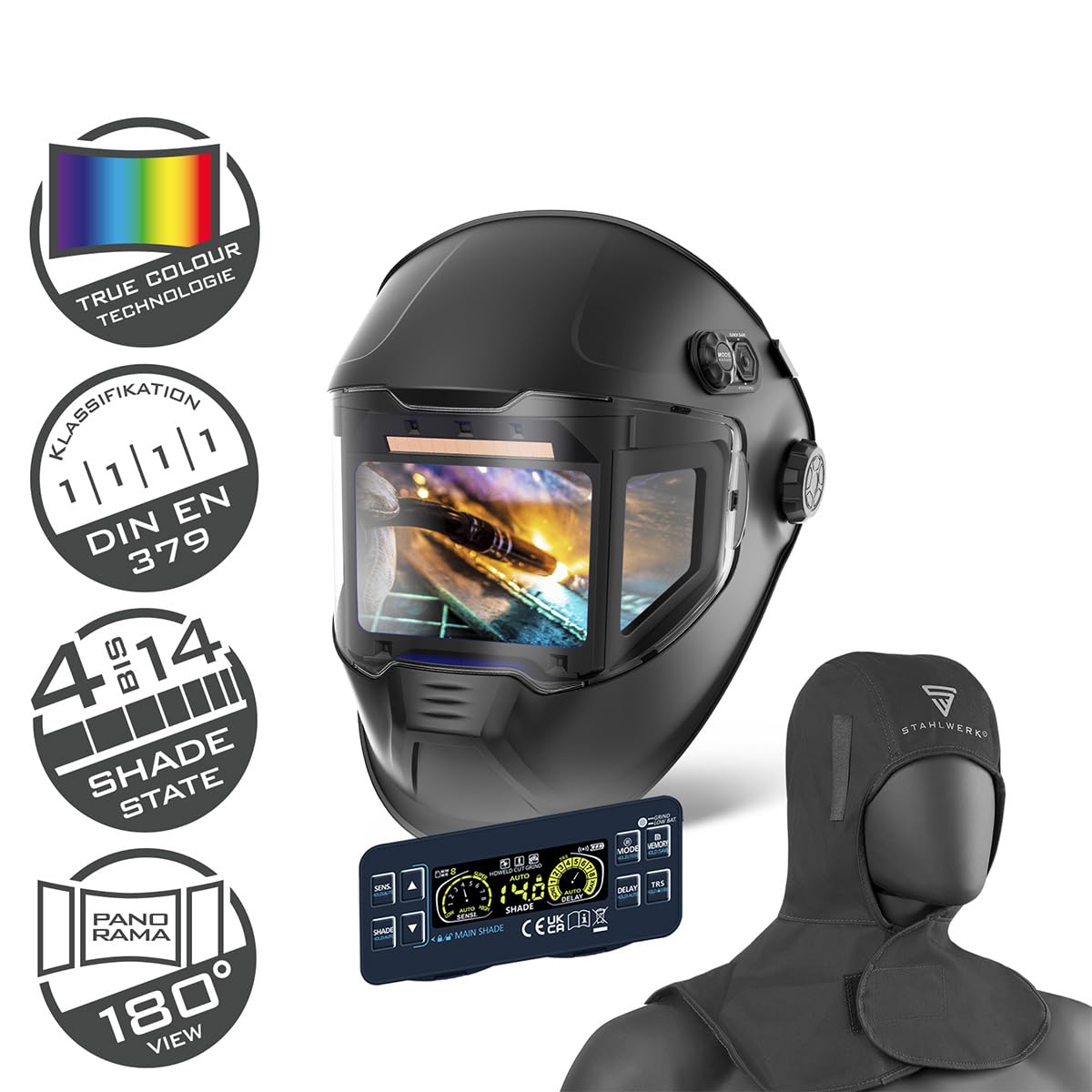 STAHLWERK Automatik-Schweißhelm 3-in-1 Split inklusive Schweißhaube – LCD-Farbdisplay, 180° Sichtfeld, True-Colour-Echtfarbwiedergabe, Jobspeicher, Abdunkelung DIN 4 - DIN 14, optische Klasse 1/1/1/1
