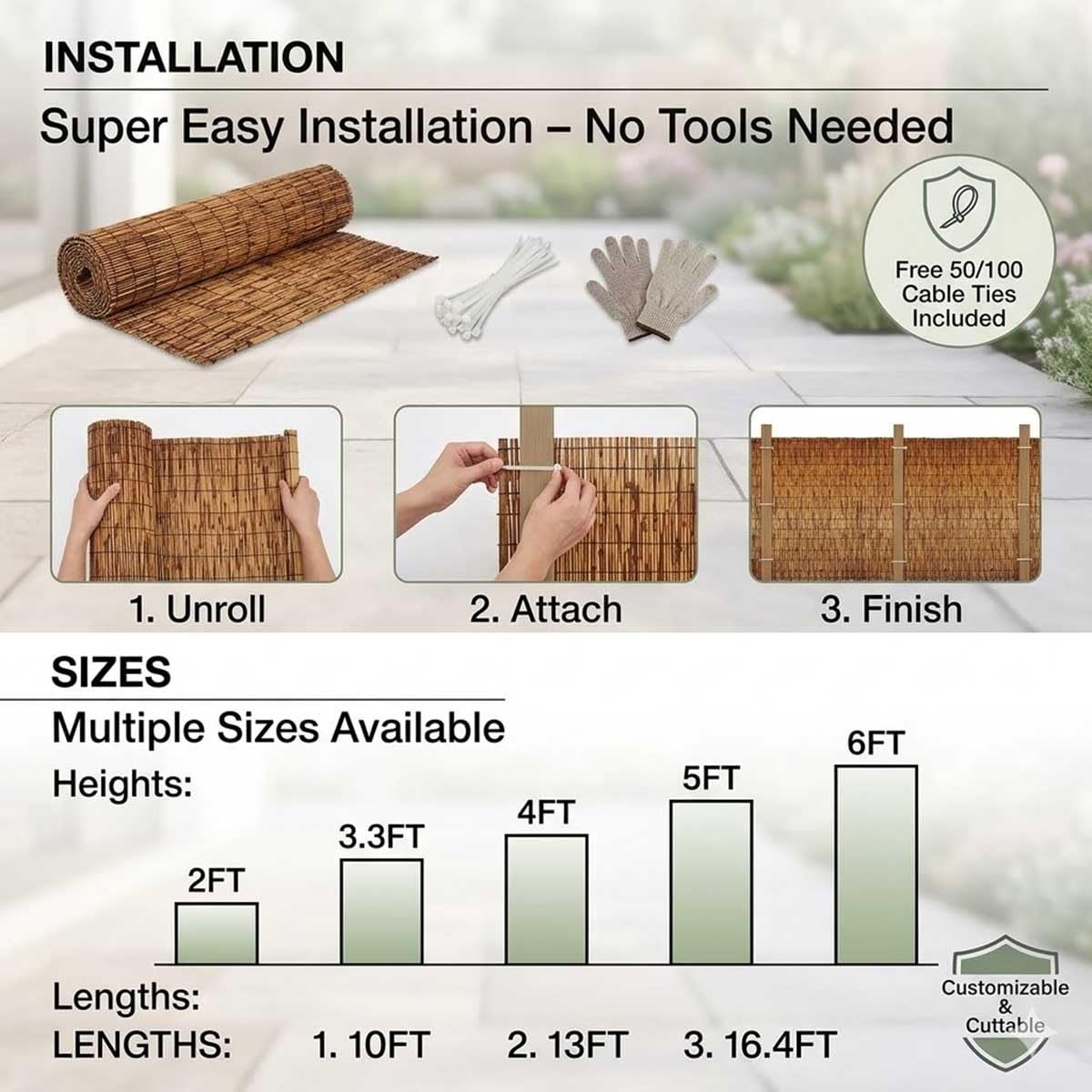 Copertura Privacy Per Terrazzo, Arella Frangivista In Canna Naturale, Alto 40cm-160cm Rete Ombreggiante E Frangivista Esterno Bambù, Recinzione Resistente Al Vento.(H110xL300cm)
