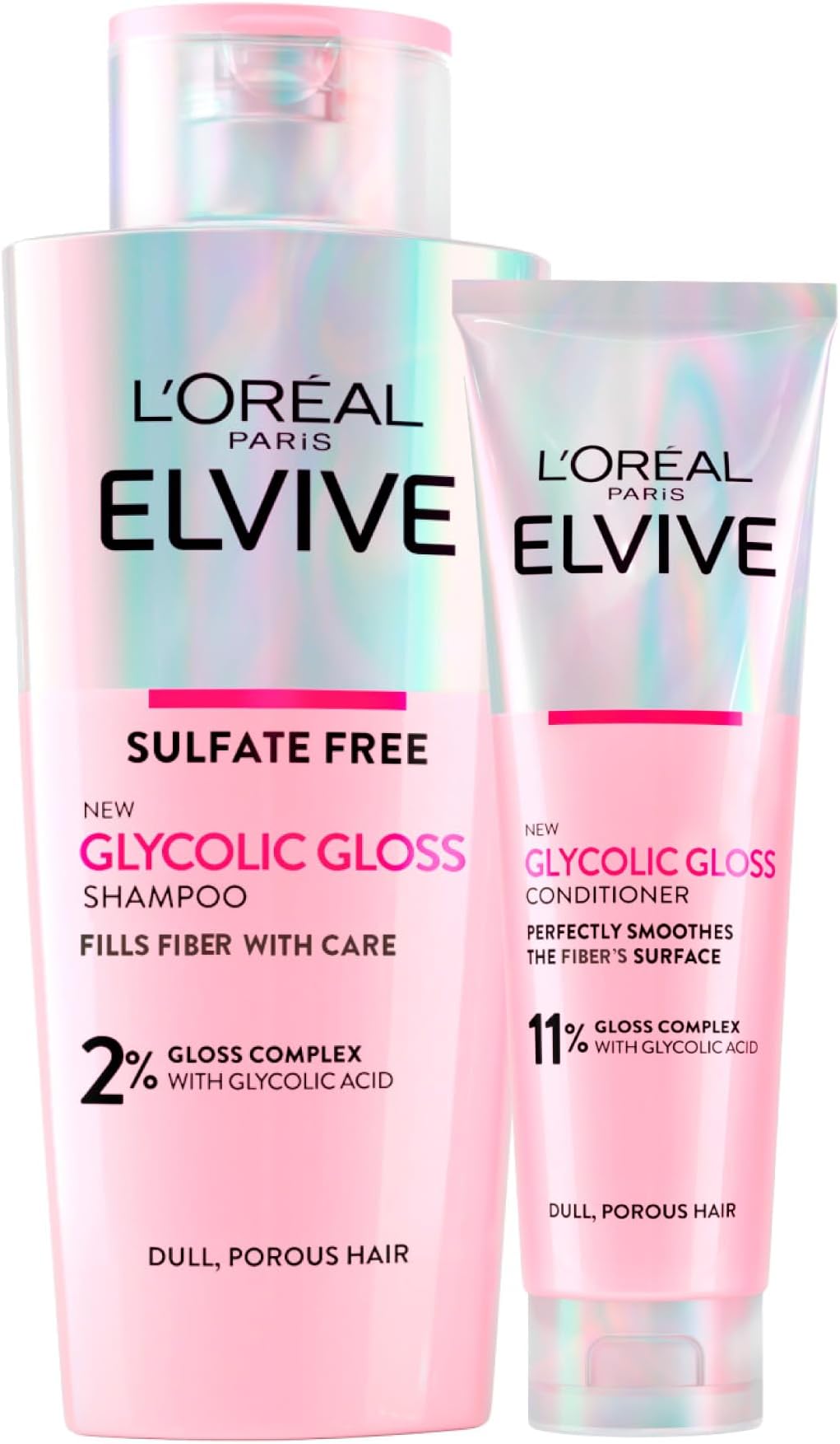 L'Oréal Paris Elvive Glycolic Gloss 200ml Shampoo + 150ml Conditioner with Glycolic Acid for Porous and Dull Hair - 2 Bottles