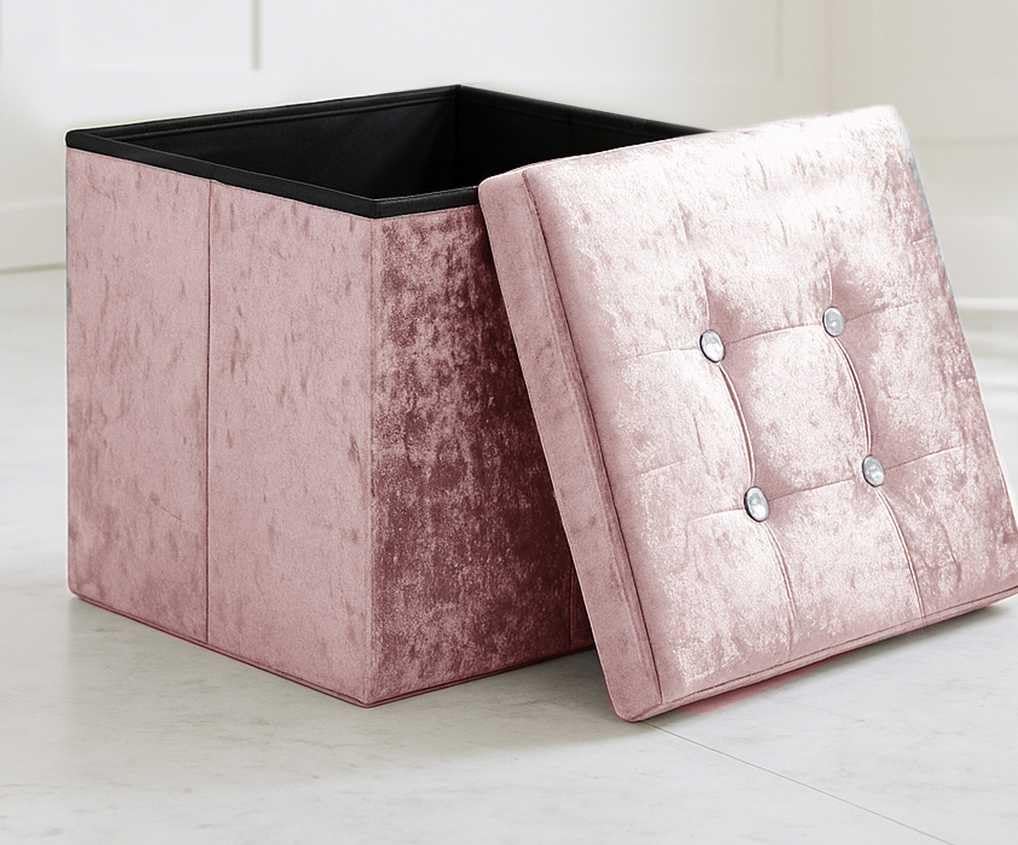 Home Republic Storage Ottoman – Foldable Cube Ottoman with Lid – Small or Large Foot Rest Bench with Storage (Pink Crushed Velvet, 38 x 38cms 1 Seater)