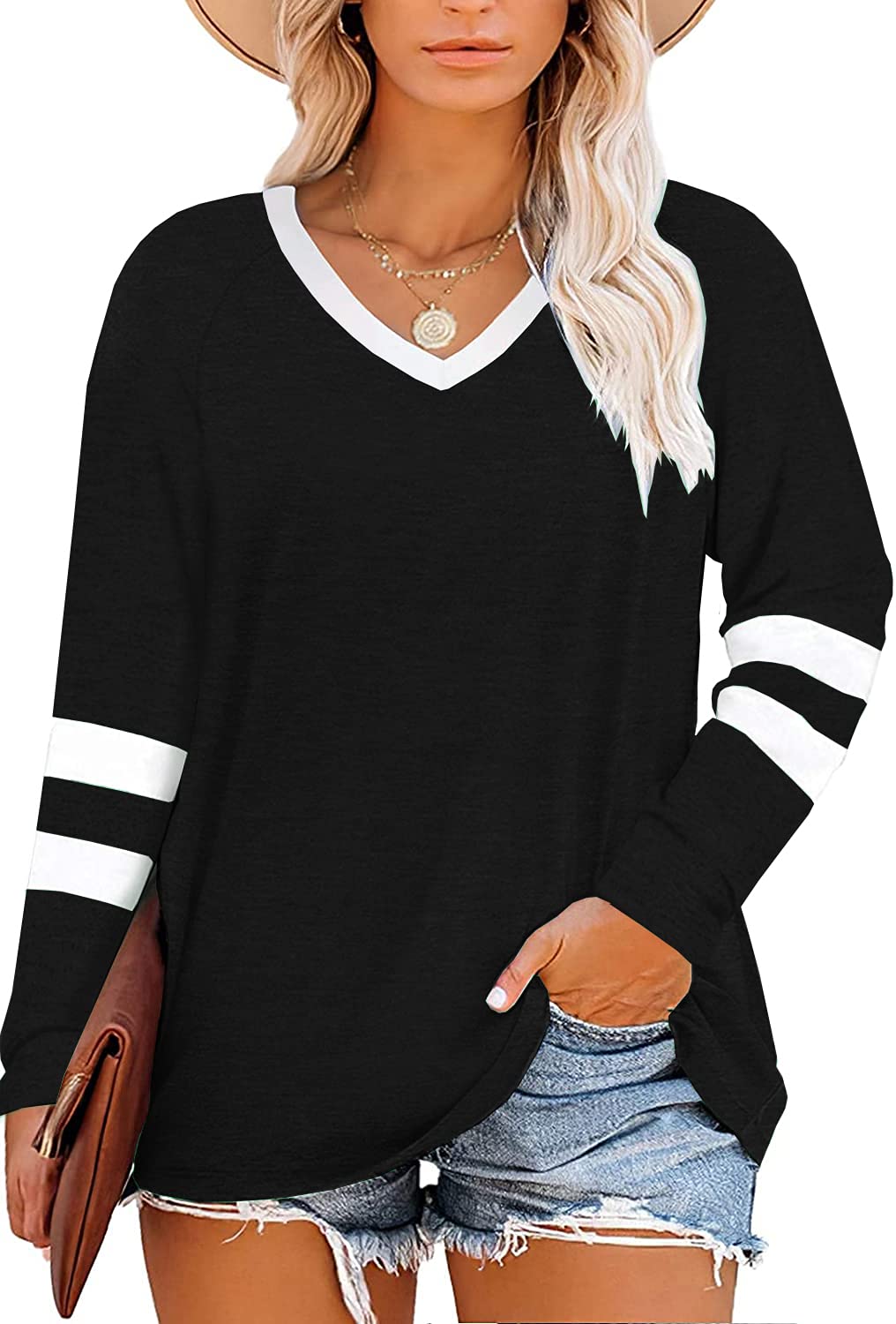 Haloumoning Women's Plus Size Tops Striped Long Sleeve V neck T Shirts Color Block Casual Tunics Tee Shirt