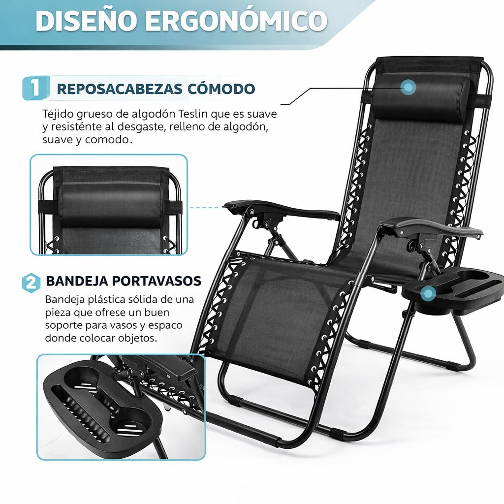 Pack 2 Tumbonas o Sillas de Exterior Plegables para jardín | Playa | Piscina o Terraza | Hamacas Reclinables Camping con Portavasos y Reposacabezas | Hasta 150kg | Silla plegable playa o Tumbona — view 5