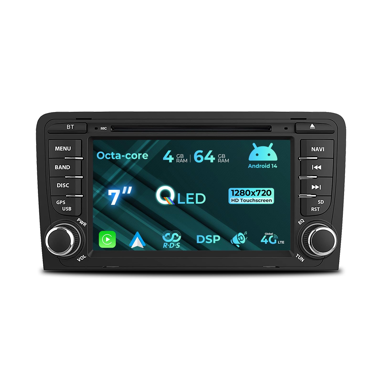 7 pollici Autoradio per Audi A3 S3 RS3 8P con lettore CD/DVD, unità principale 4+64GB Giroscopio integrato Wireless Carplay/Android Auto Navigatore GPS WiFi 4G Bluetooth FM/AM RDS DSP SWC