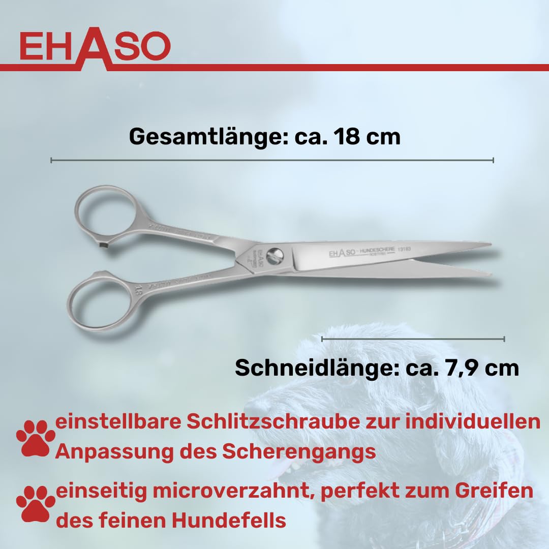 EHASO Hochwertige Gerade Hundeschere aus - Für langhaar & kurzhaar - 18 cm - Fellschere für Hunde & Katzen - Profischere für Jede Art von Fell direkt Solingen