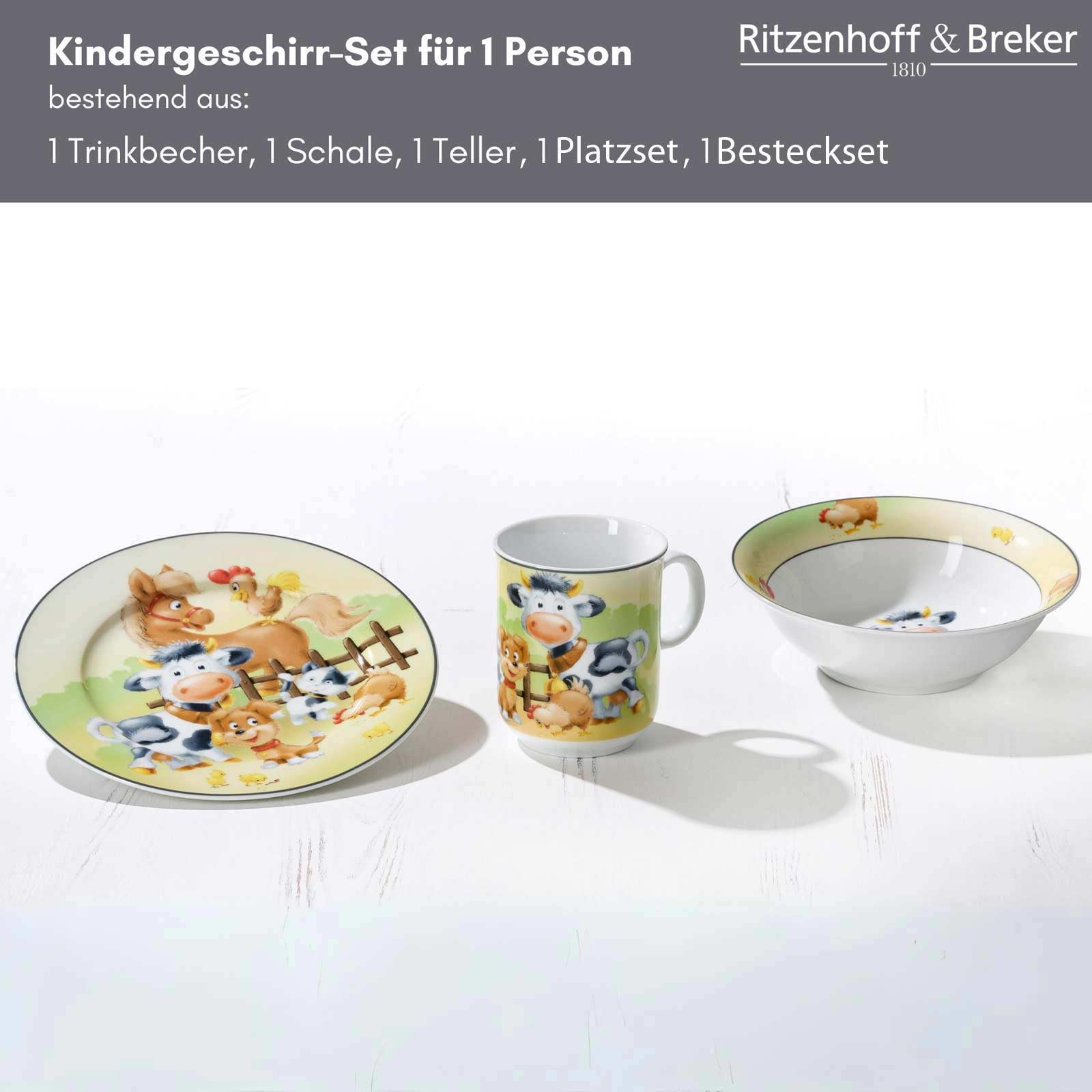 Ritzenhoff& Breker Kindergeschirr-Set Hoftiere 3-teilig mit Platzset & Besteckset | Tiere vom Bauernhof | Porzellan, Edelstahl | Bunt