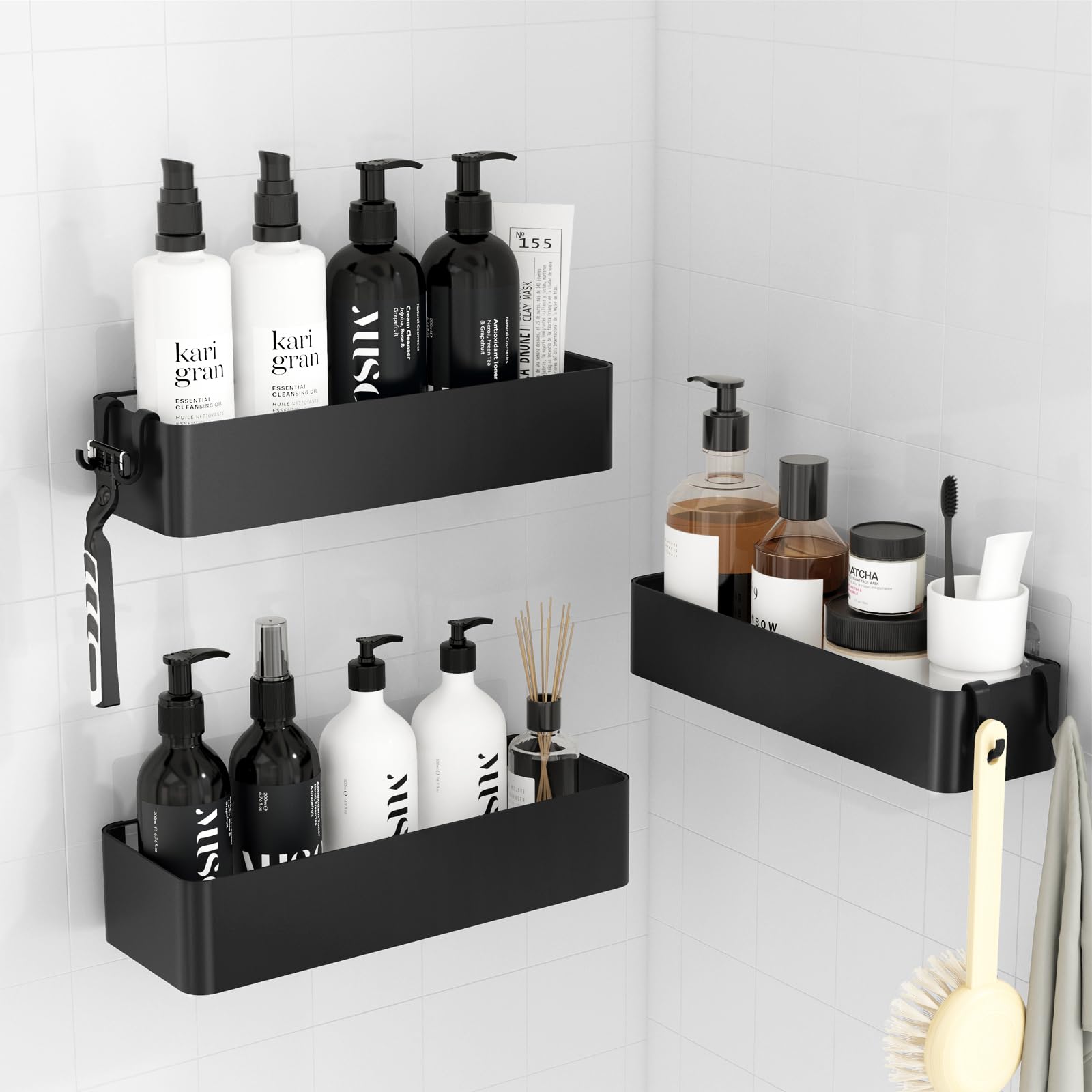 Kitsure 2 Pack Rustproof Shower Caddy - 2 Shelves, Drill-Free & Quick-Dry Shower Organizer, Rustproof Bathroom Shelves with 4 Hooks, Large, Black — view 18