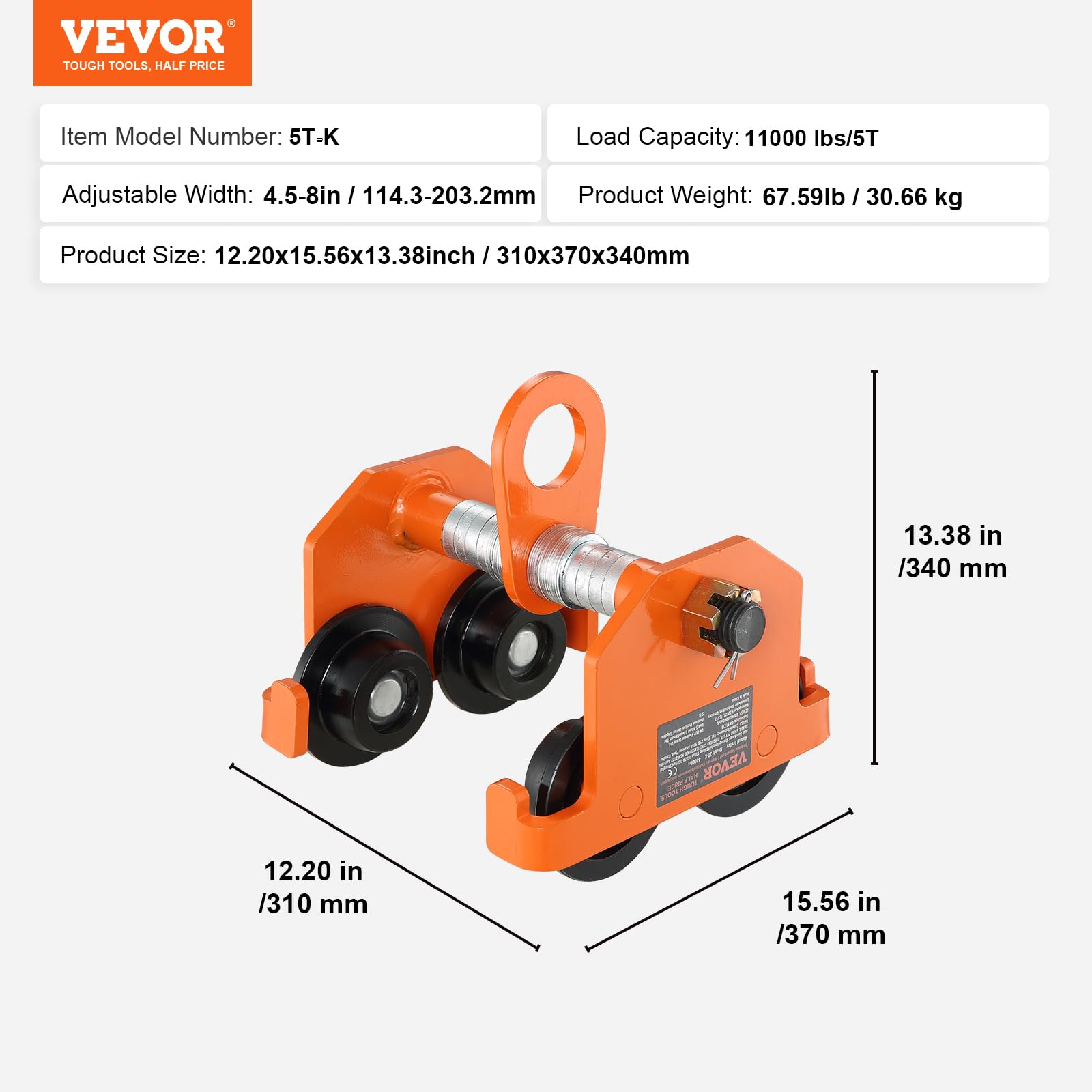 VEVOR Chariot Porte-palan Capacité de Charge 5 T Chariot à Poutre de Poussée Largeur Réglable de 114,3-203,2 mm Chariot à Palan de Garage en Acier Allié avec Roues pour Poutres en I Droite et Courbée