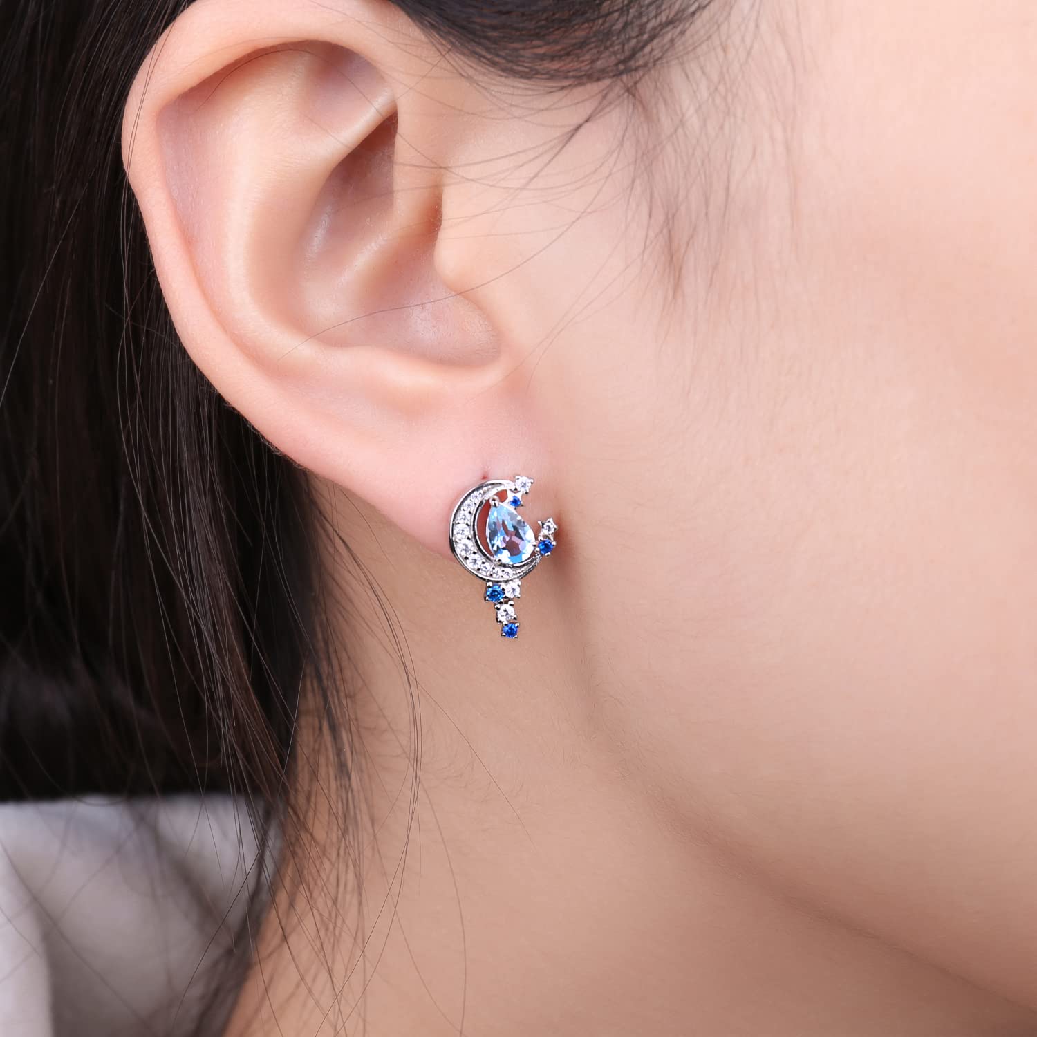JewelryPalace Moon and Star Drop Cut 2.2ct Genuine Blue Topaz Created Sapphire Stud Earrings Silver 925 Ladies, Blue Topaz Stone Jewelry Set, Earrings Silver Gemstone Girls, Fashion Jewelry for Women