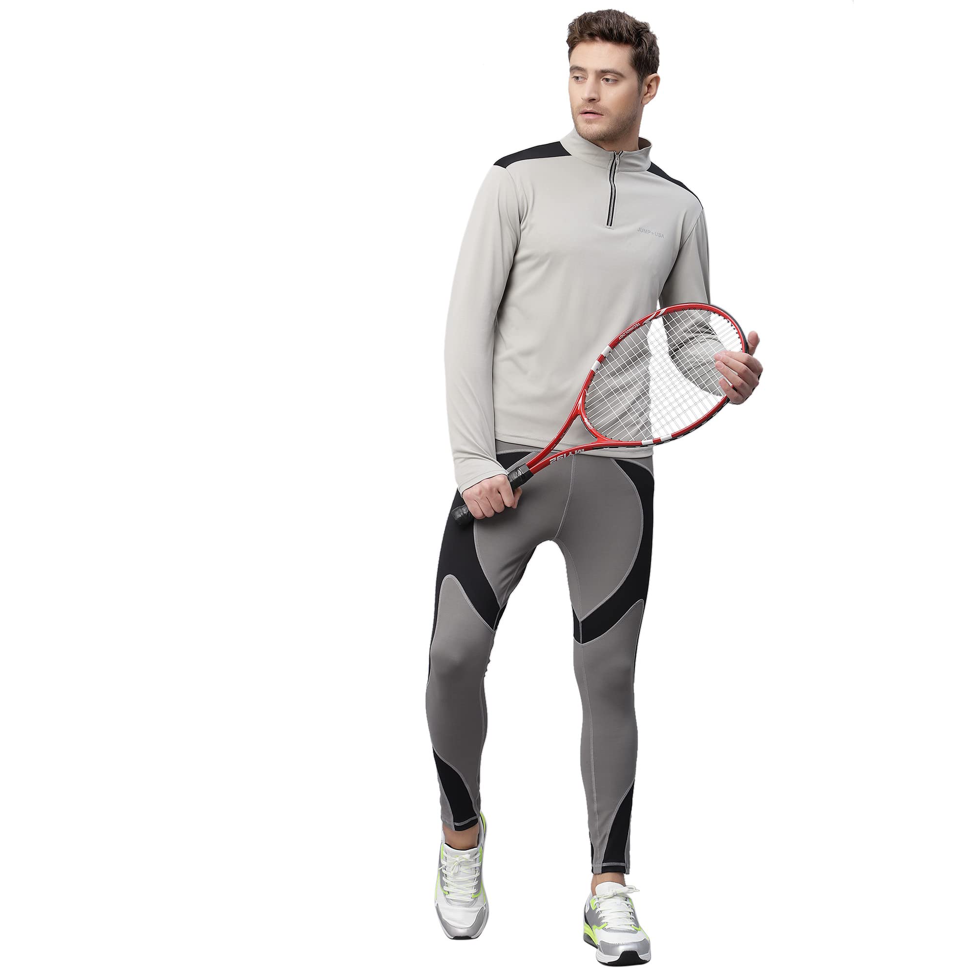 JUMP USAMen's Grey Black Solid Yoga Seamless High Neck T Shirt