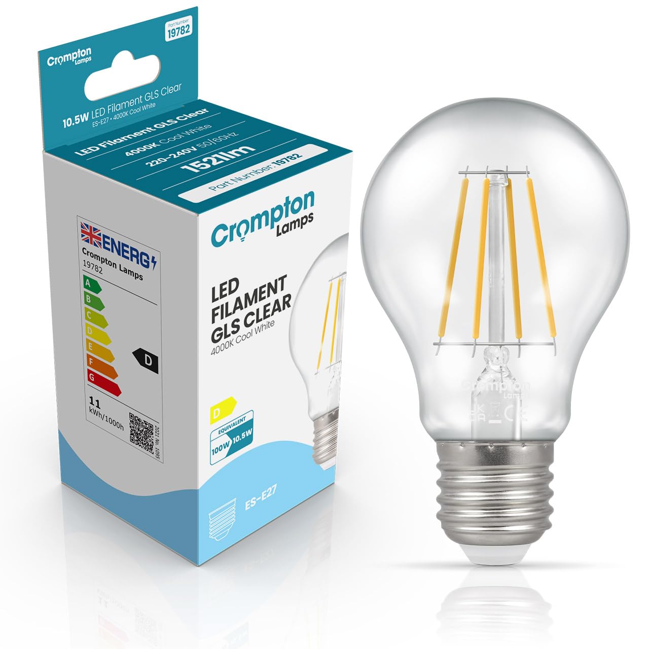 Crompton Lamps Filament GLS LED Light Bulb ES-E27 | 10.5W = 100W Equivalent | Cool White 4000K | Energy Efficient | Edison Screw Lightbulb | Long Life 15,000-Hrs | Clear Glass