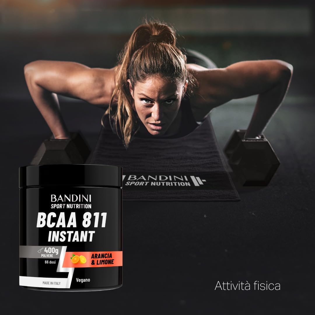 Bandini® BCAA POWDER 8 1 1 Integratore di Aminoacidi Ramificati in rapporto 8:1:1 da 400g - Polvere Aromatizzata al gusto di ARANCIA e LIMONE - Palestra, Sport, Pre Intra e Post Workout - 100% Vegan
