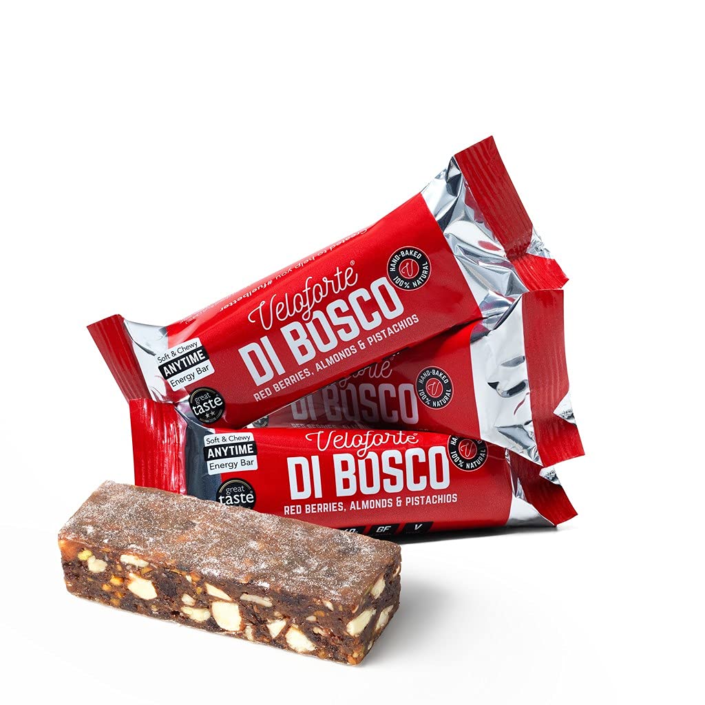 VeloforteDi Bosco Energy Bar - Red Berries, Almonds and Pistachios - 24 count x 62g - 5gr plant protein, 40gr Carbs, Rich in Dual source Carbohydrates, 100% Natural, Vegan, Gluten Free