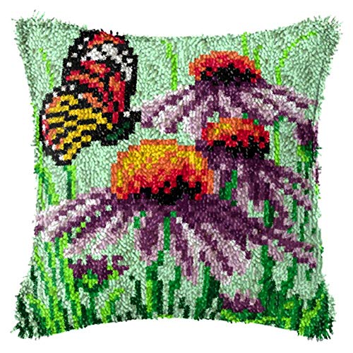 GUARDUU Kits De Gancho De Pestillo para Niños Adultos DIY Lanzar Funda De Almohada con Patrón De Lienzo Impreso, Costura Sin Terminar para Decoración del Hogar, 43X43cm, Mariposa,A Cover