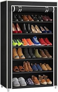 EASY BUY Black Shoe Rack with Cover, Plastic Rack 6 Shelves with Zip Door Cover &amp; Side Pocket | Dustproof Multiuse Storage...