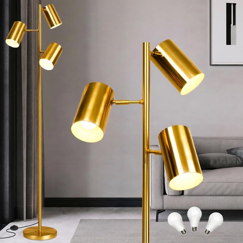 Tree Floor Lamp with 3 Light Bulbs,Gold Standing Tall Pole Lamp with 3 Adjustable Rotating Lights,Farmhouse Floor Lamp for Living Room Bedroom Office,Vintage Standing Lamp 9W E26 LED Bulbs Included