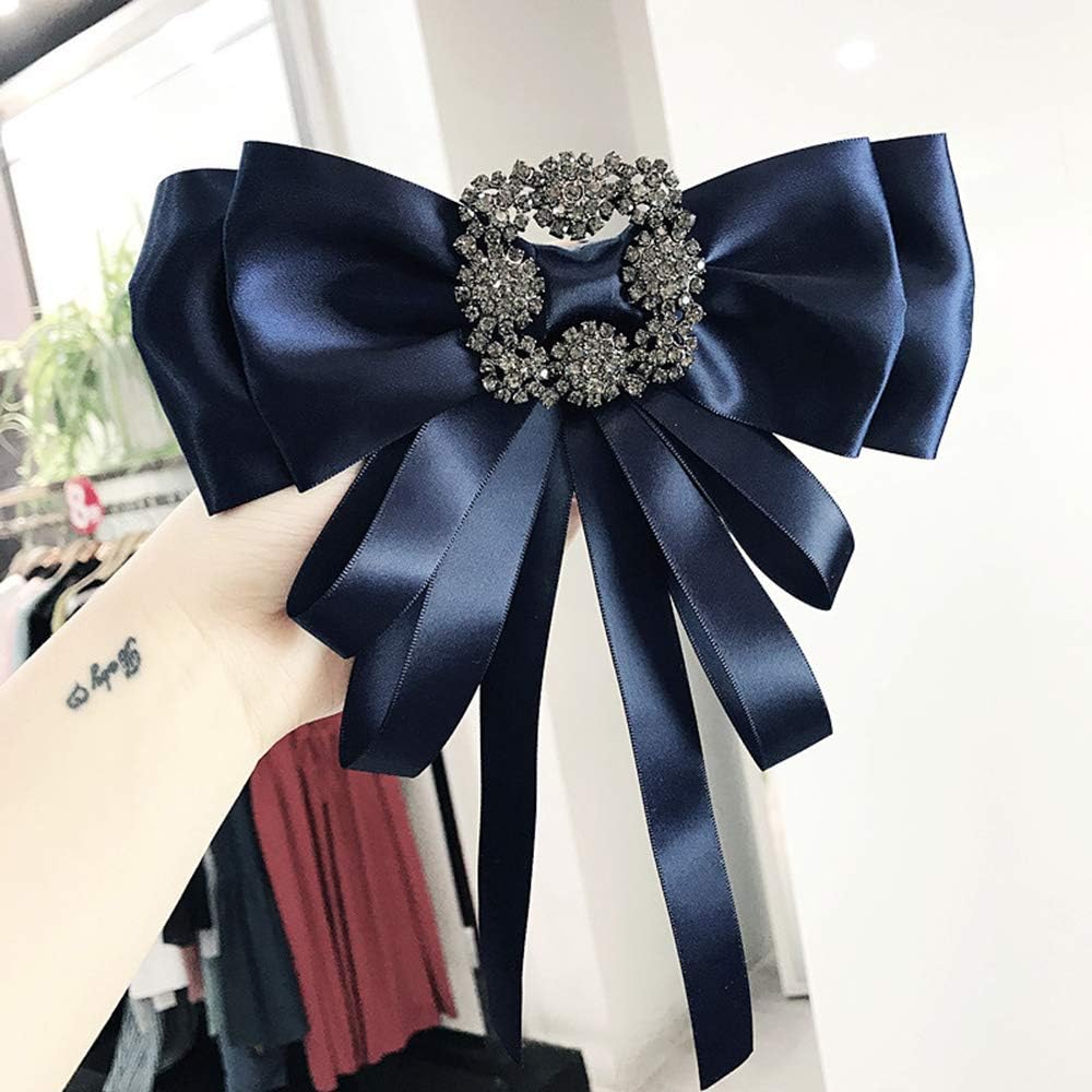 Crystal Big Bow Brooch Pre Tied Neck Tie Brooch Pin Clip Ribbon Bow Tie Collar Jewelry
