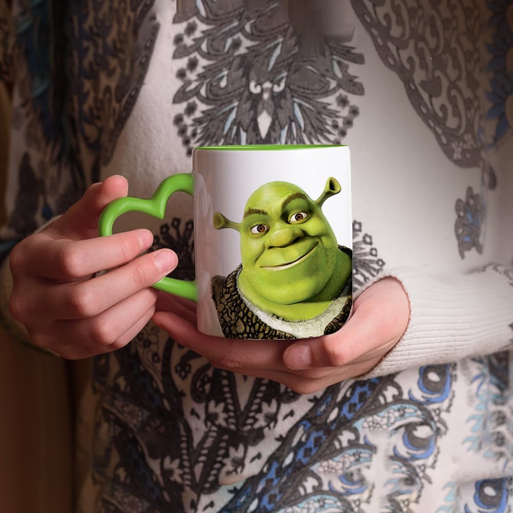 Cartoon Character Mug - Funny Shrek 11 oz Coloured Heart Handle Ceramic Coffee Mug. (Green Heart Handle), 11 ounces - Image 2