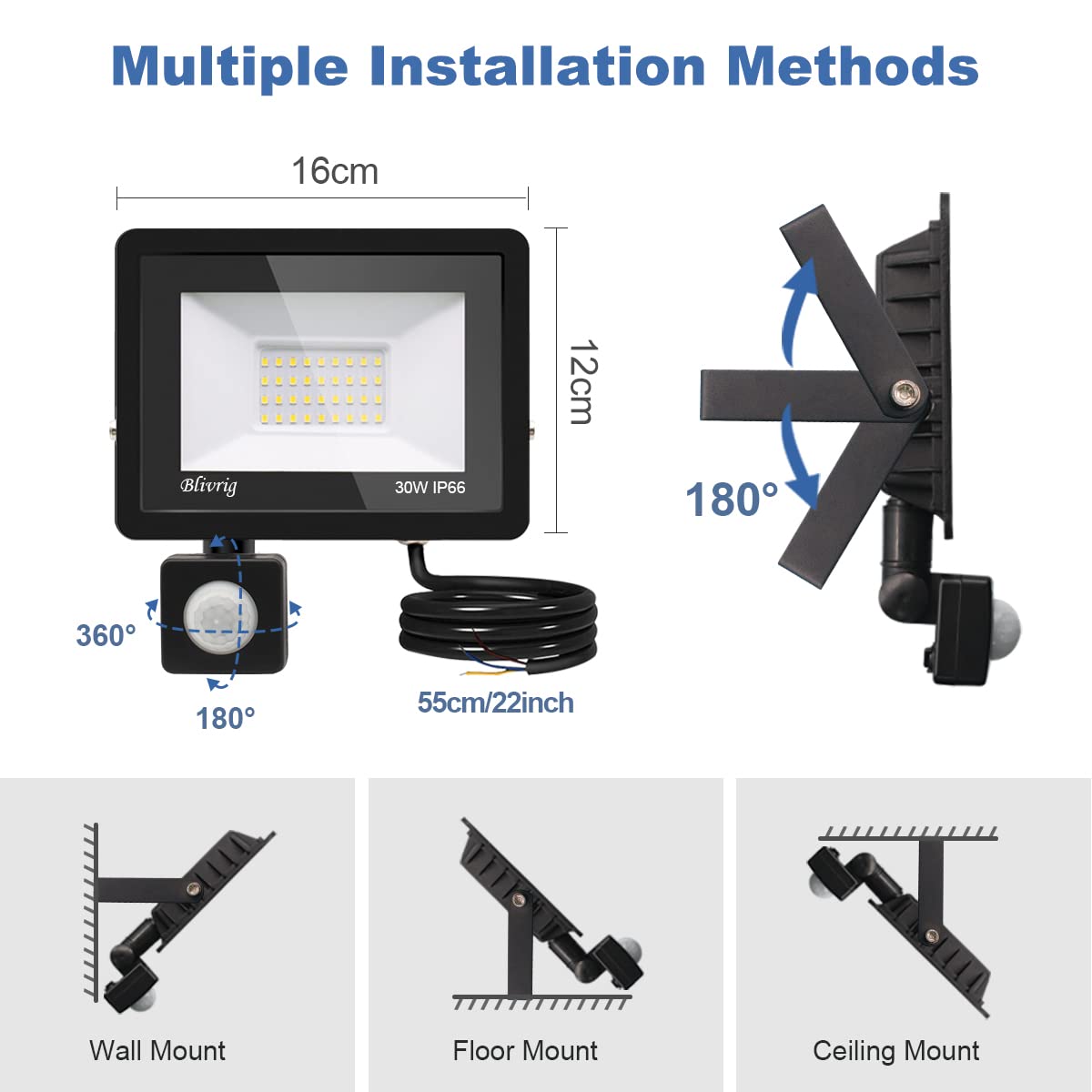 Blivrig led Spotlight with Motion Detector, 30W led Spotlight Outside, 3000LM Ultra-high Brightness - Image 2