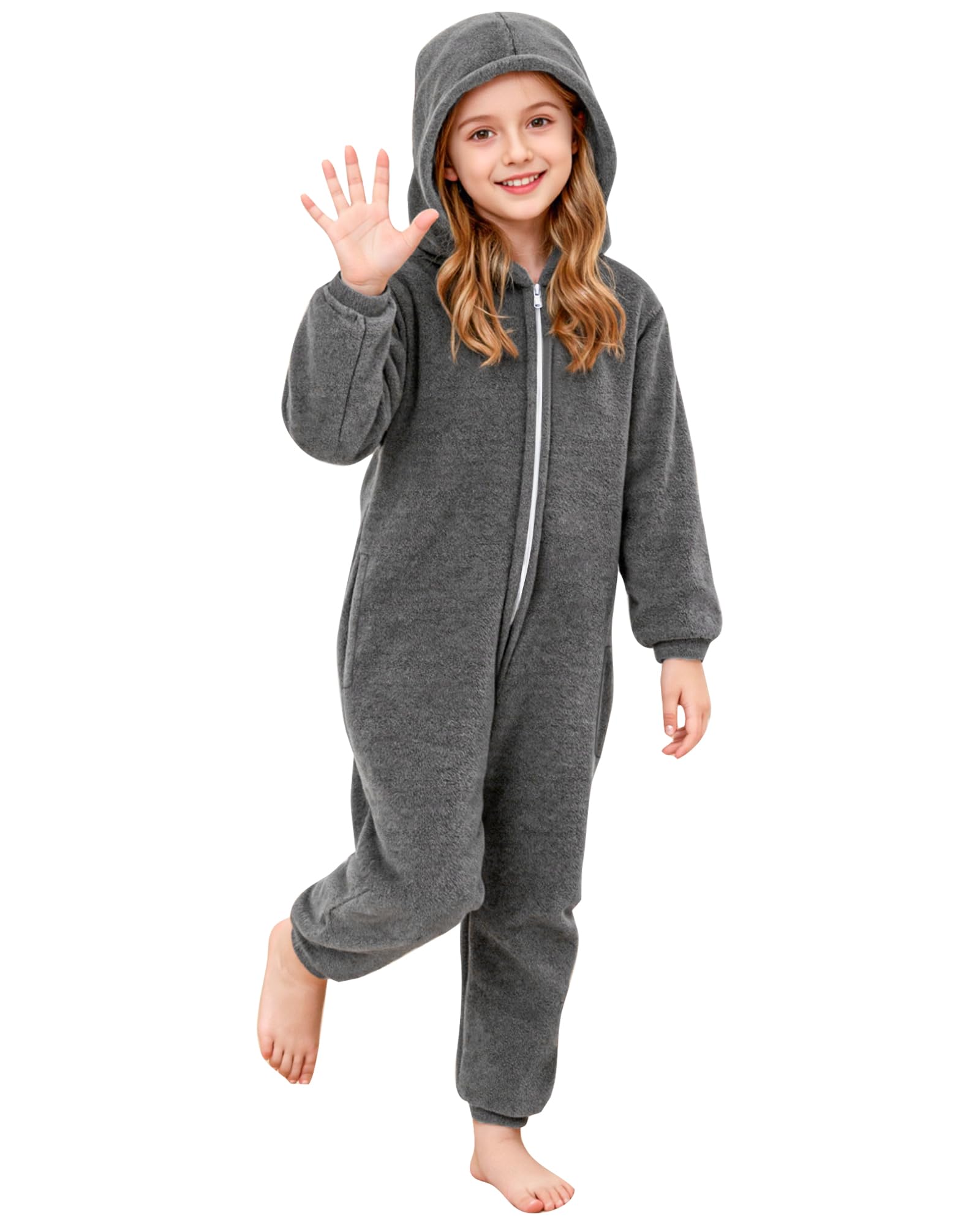 KAKU NANU Combinaison Enfants Unisexe Couleur Unie 3-12 Ans Combinaison à Capuche en Polaire Douce,Duveteuse et Chaude avec Fermeture Éclair et Pochons pour Garçons et Filles 6 Couleurs