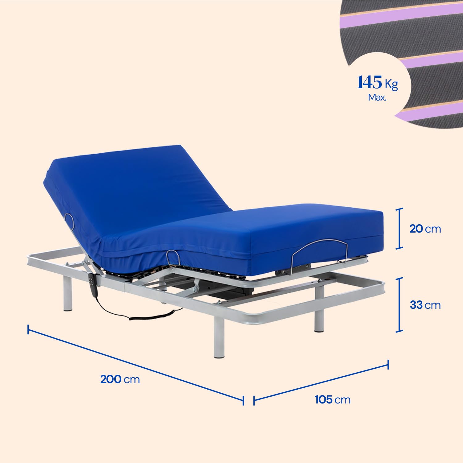 Geriafy - Cama articulada con colchón Sanitario Visco Plus Impermeable de 20 cm de Grosor, Patas fijas (105x200)