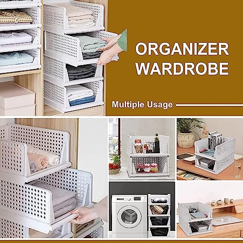 Image of JD FRESH 6 Pieces Stackable Wardrobe Organizer for Storage /Foldable Cupboard Storage for Clothes /Polypropylene Multipurpose Space Organizer Rack /Adjustable Sliding Drawer - White