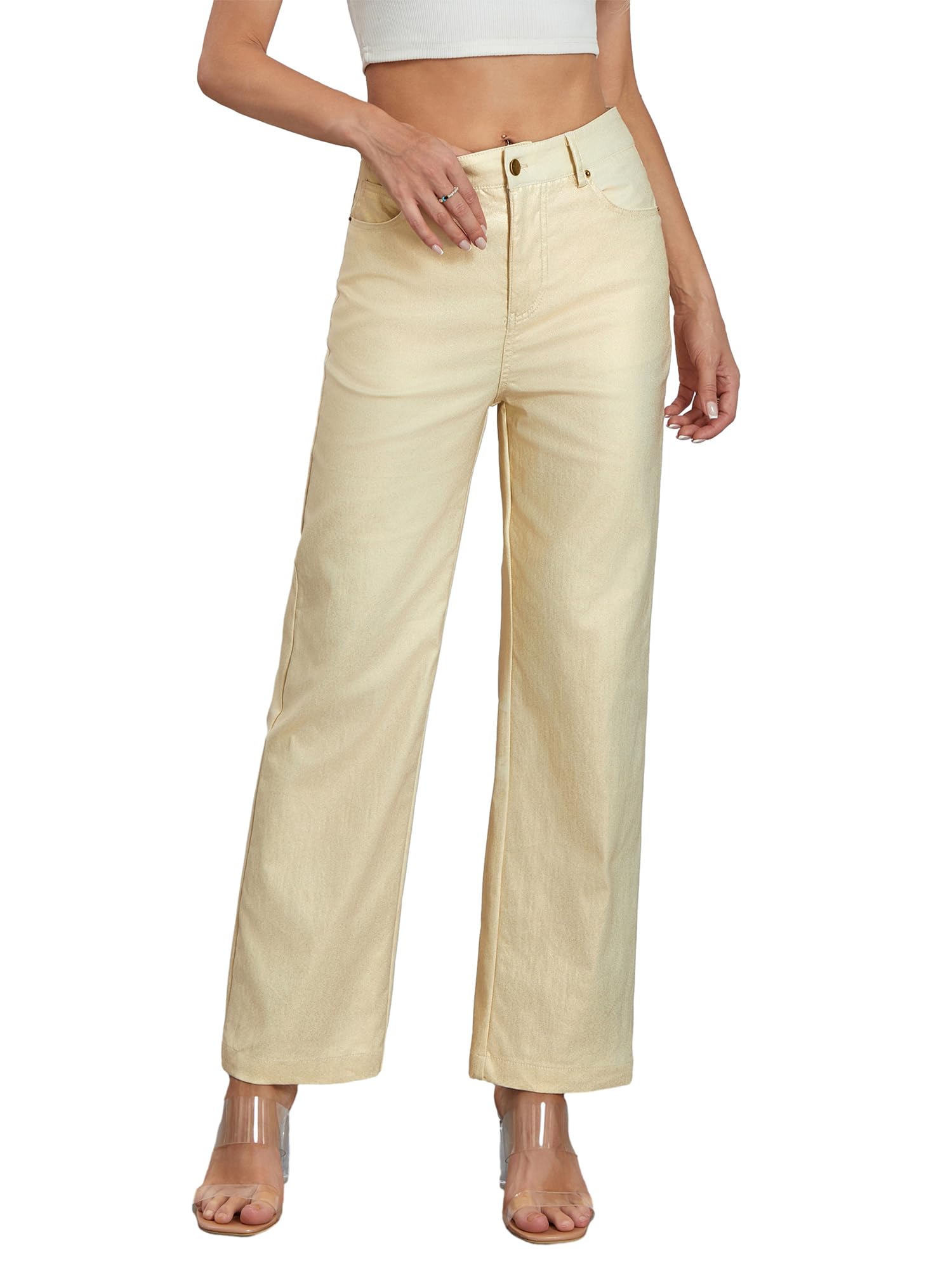 Womens Metallic Shiny Denim Pants Solid Color High Waist Disco Straight Leg Trousers for Party Dance