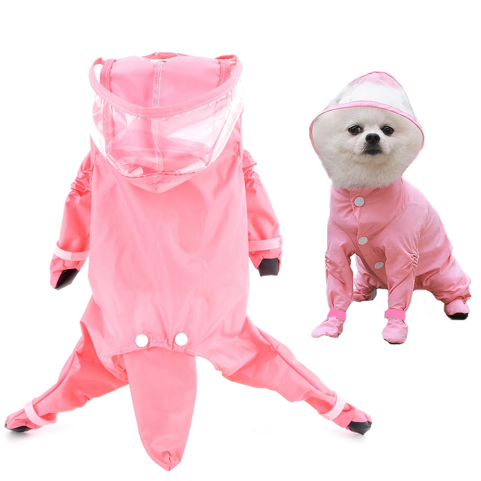 SMALLLEE_LUCKY_STORE Cute Raincoat for Small Dogs with Hood and Boots Detachable Tail Puppy Botton Down Rain Jacket Full Boby 4 Leg Jumpsuit